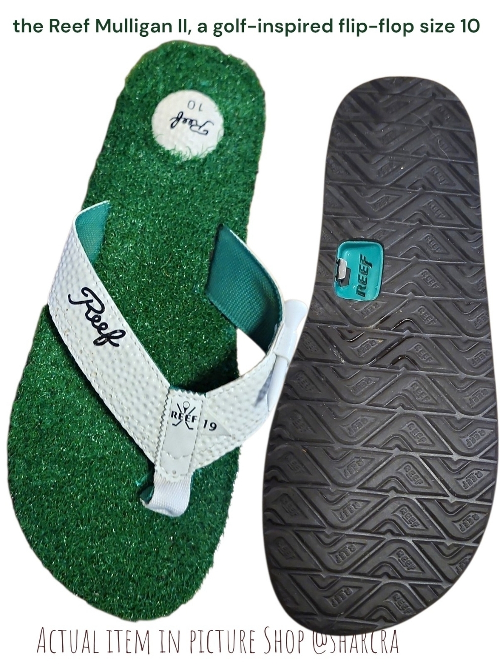 Reef Men's Mulligan II golf Thong flip-flop White Faux Leather Green Sandals 10
